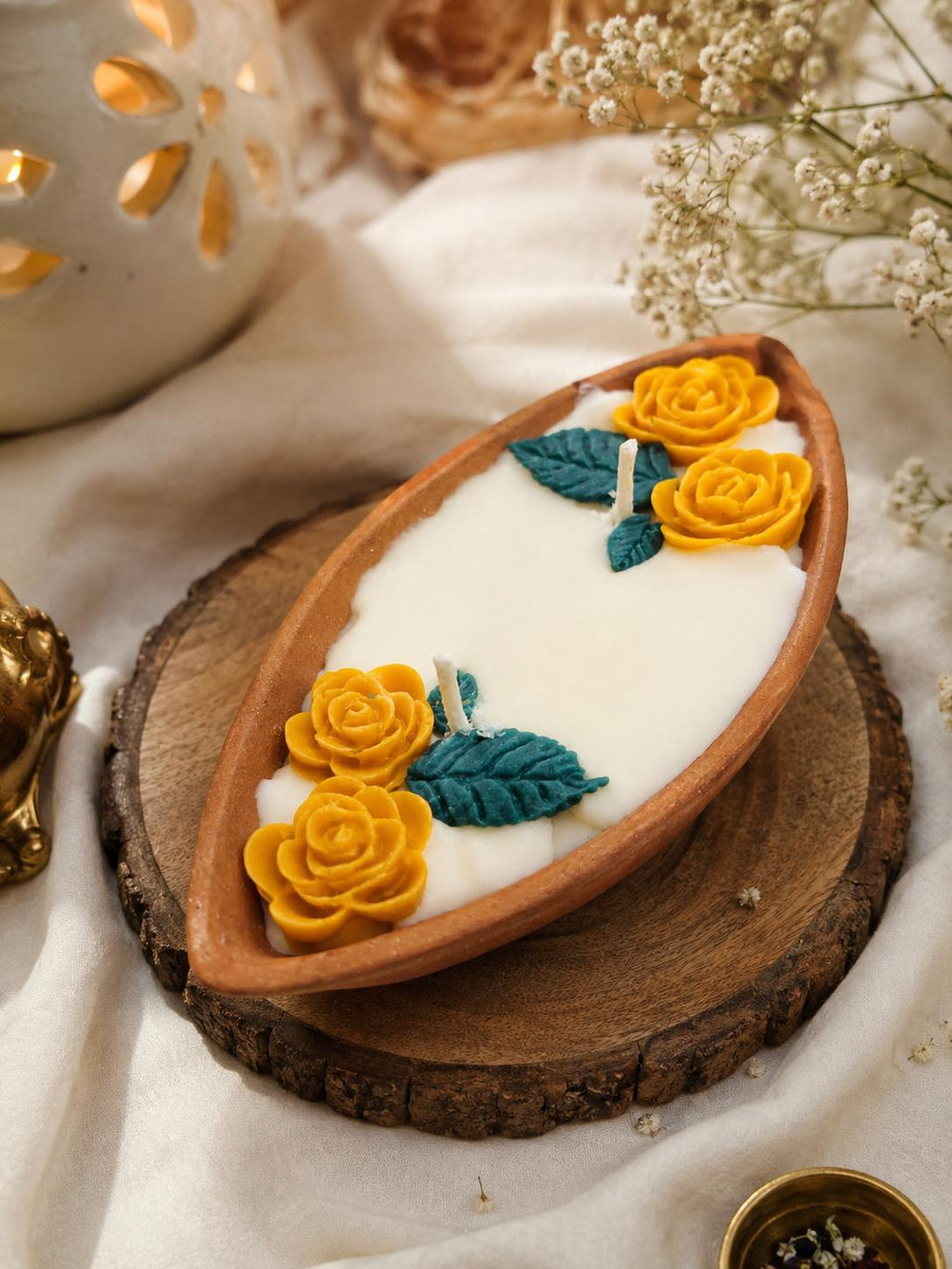 Marigold Rose Terracotta Boat Candle by Decortales